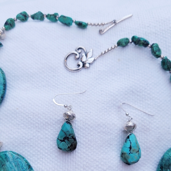 Turquoise and Chrysocolla Sterling Necklace Earrings Set - Picture 2 of 5